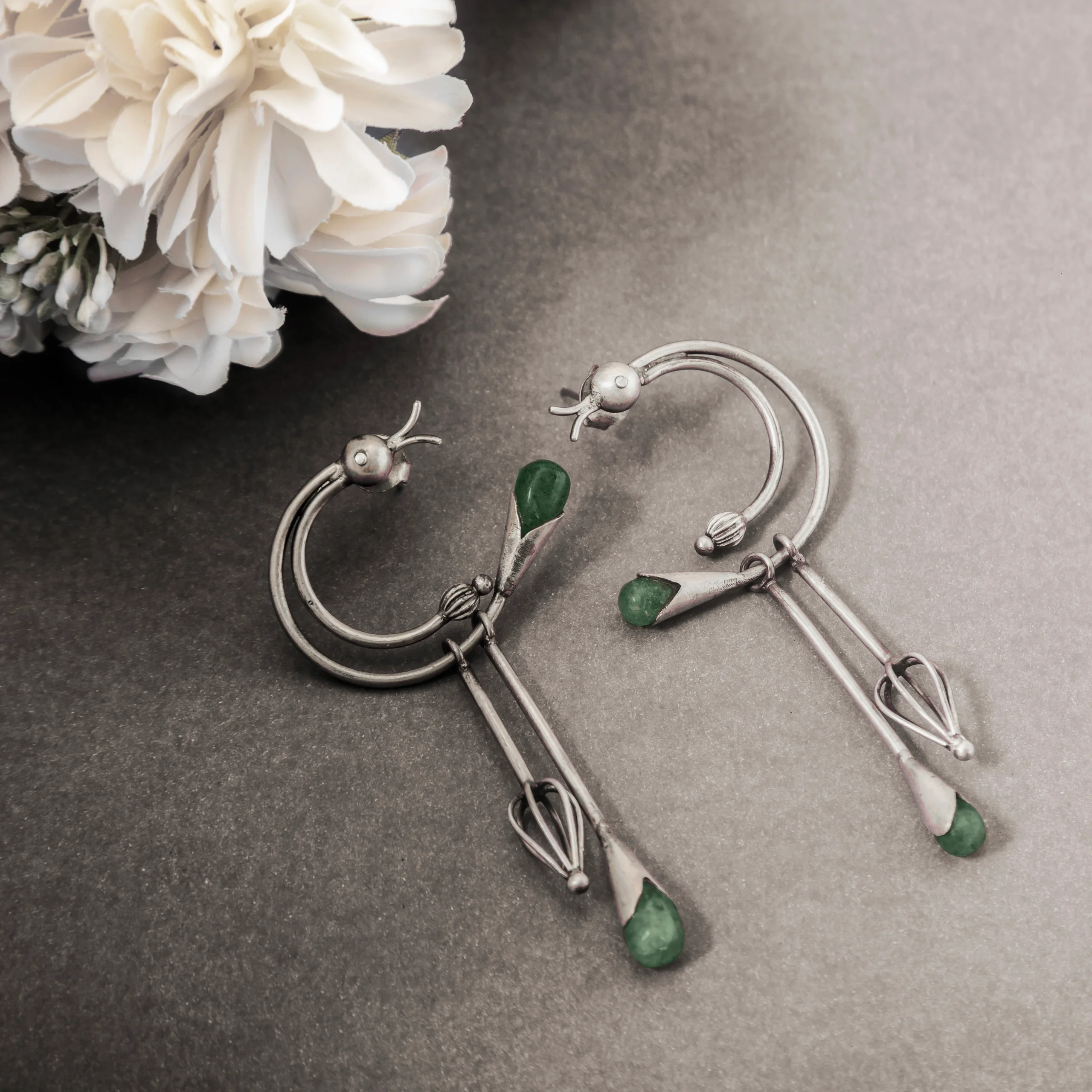 1_Dual_Drop_925_Silver_Earrings_Green_Stone_Noorish_Jewellery