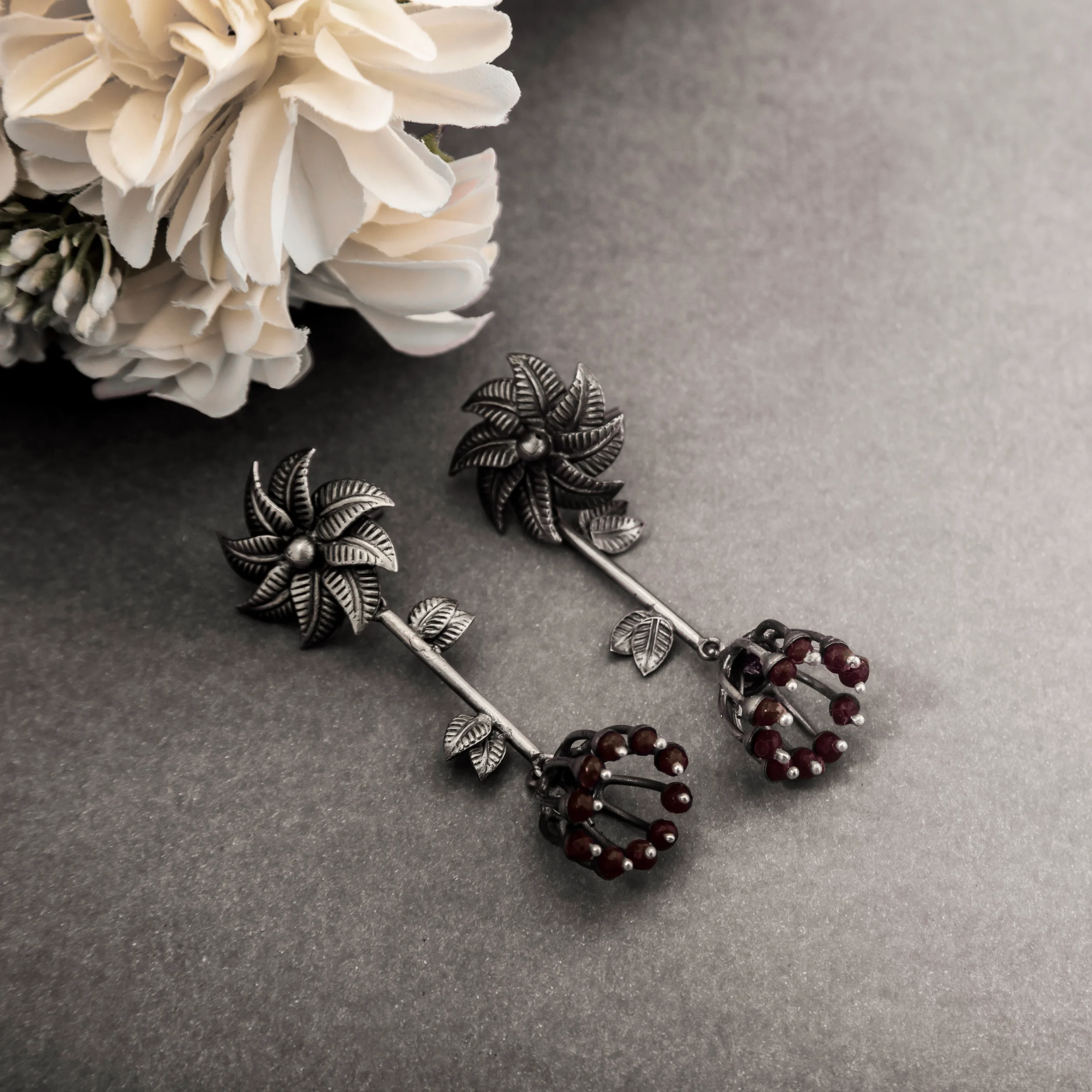 1_Floral_Drop_925_Silver_Earrings_with_Ruby_Beads_Oxidized_Finish_Noorish_Jewellery