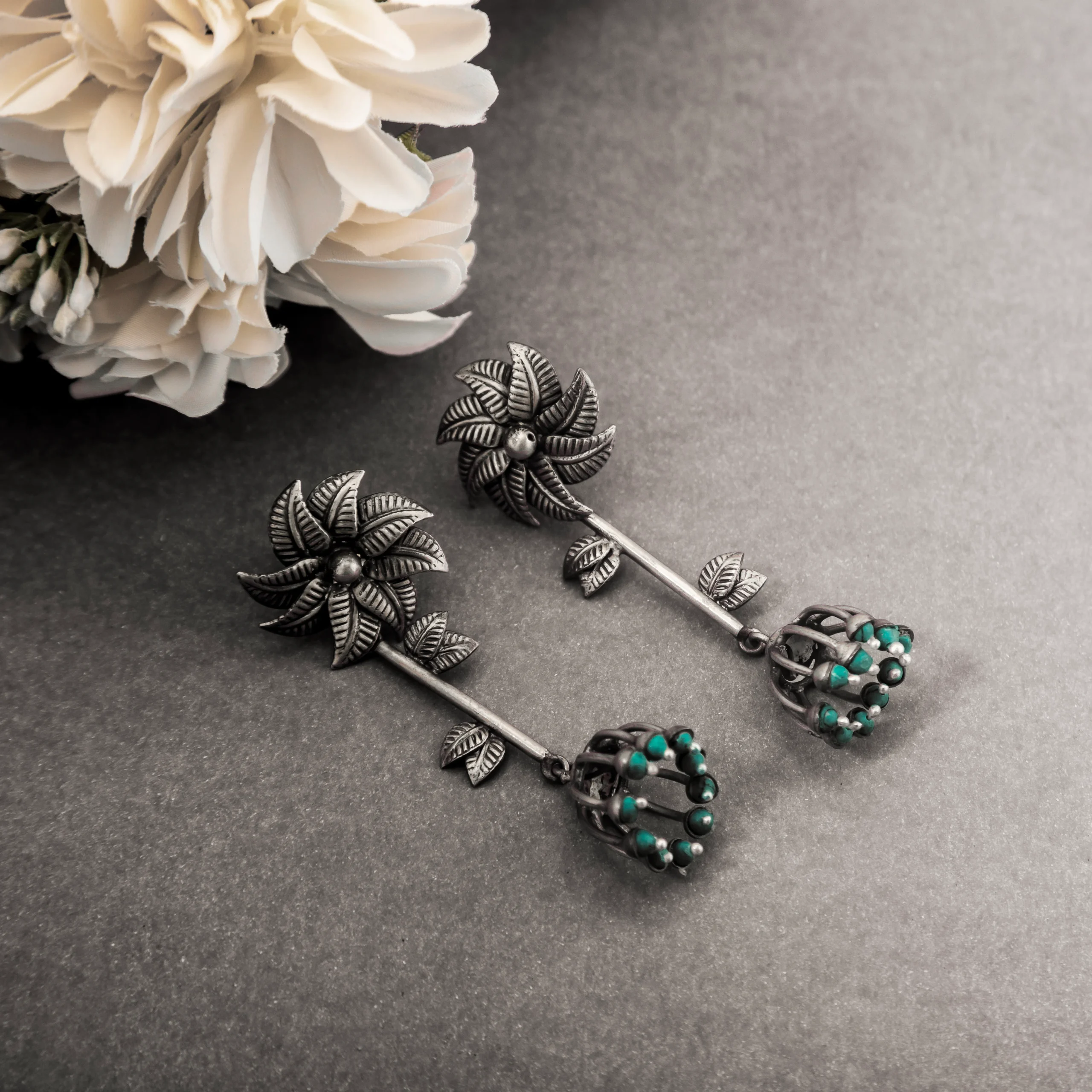 1_Floral_Drop_925_Silver_Earrings_with_Turquoise_Beads_Oxidized_Finish_Noorish_Jewellery