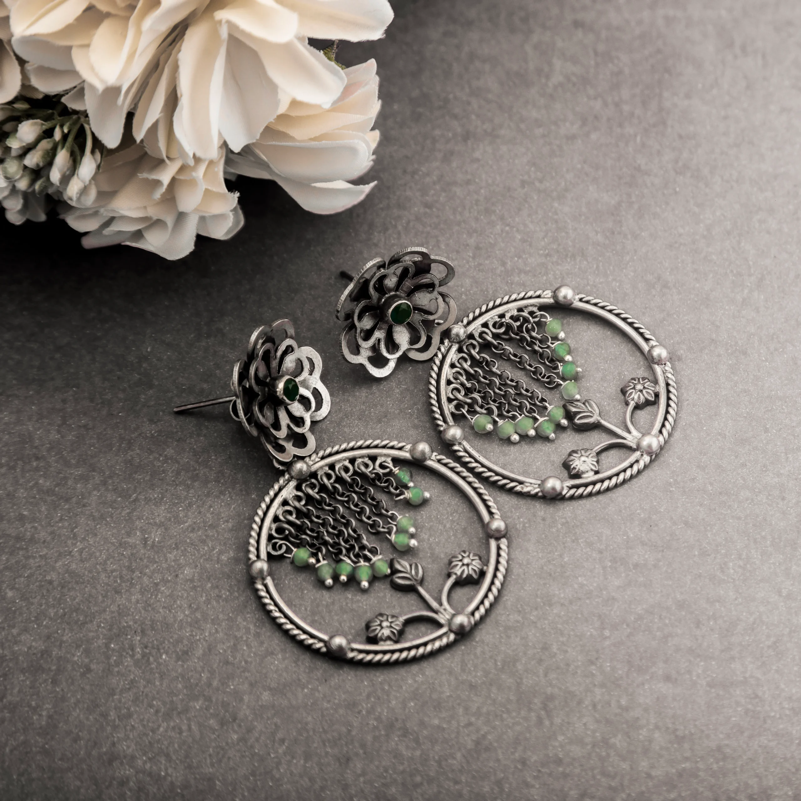 1_Floral_Hoop_925_Silver_Oxidized_Earrings_with_Green_Beads_Noorish_Jewellery