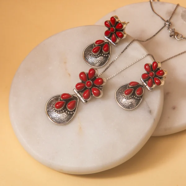 1_Floral_Red_925_Silver_Pendant_Set_Noorish_Jewellery