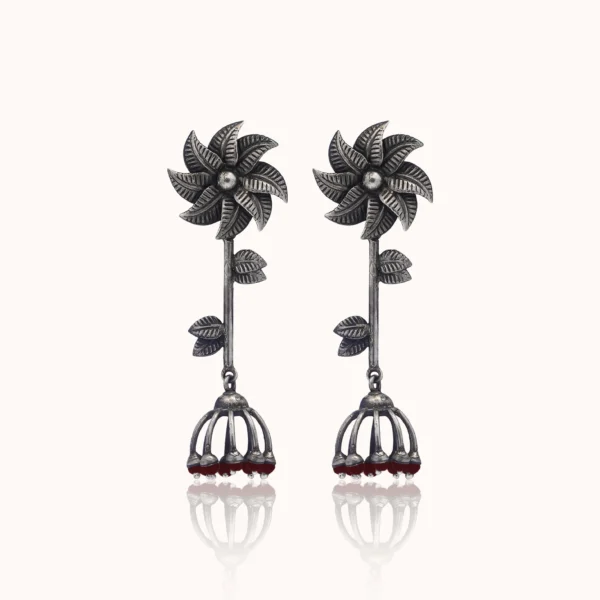 2_Floral_Drop_925_Silver_Earrings_with_Ruby_Beads_Oxidized_Finish_Noorish_Jewellery