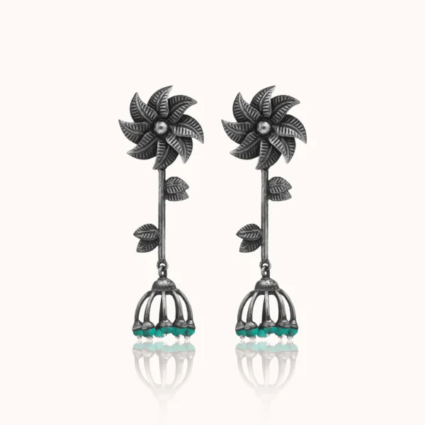 2_Floral_Drop_925_Silver_Earrings_with_Turquoise_Beads_Oxidized_Finish_Noorish_Jewellery