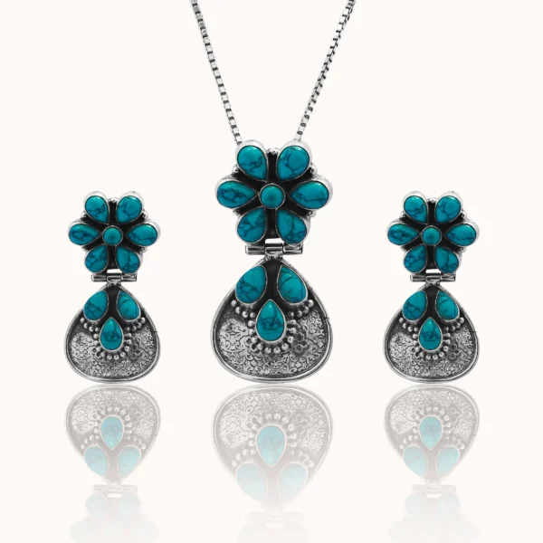 2_Floral_Turquoise_925_Silver_Pendant_Set_Noorish_Jewellery