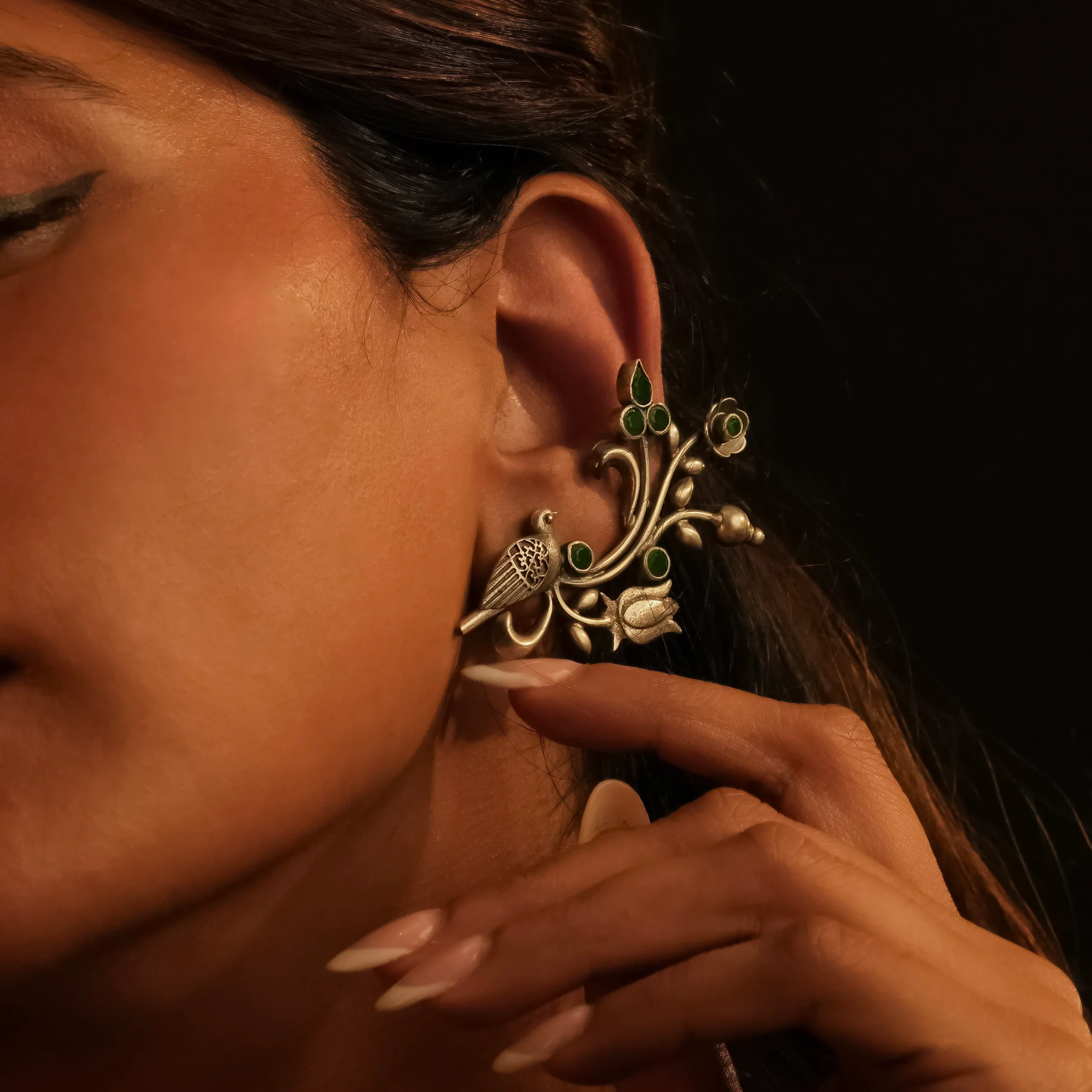 3_Bird_and_Vine_925_Silver_Ear_Cuff_Green_Accents_Noorish_Jewellery