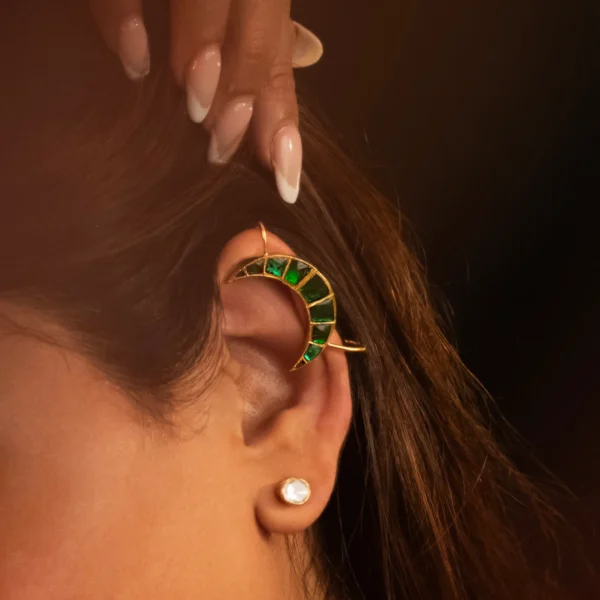 3_Emerald_Kundan_Crescent_Moon_925_Silver_Ear_Cuff_Noorish_Jewellery