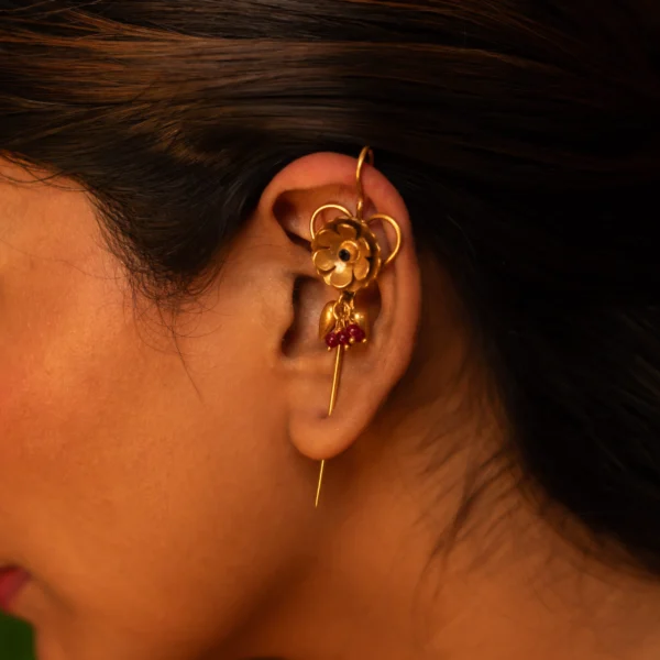 3_Golden_Bloom_Needle_925_Silver_Ear_Cuff_Maroon_Accents_Noorish_Jewellery