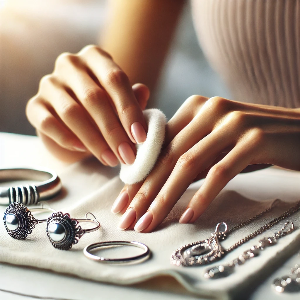 Woman carefully polishing sterling silver jewellery at home