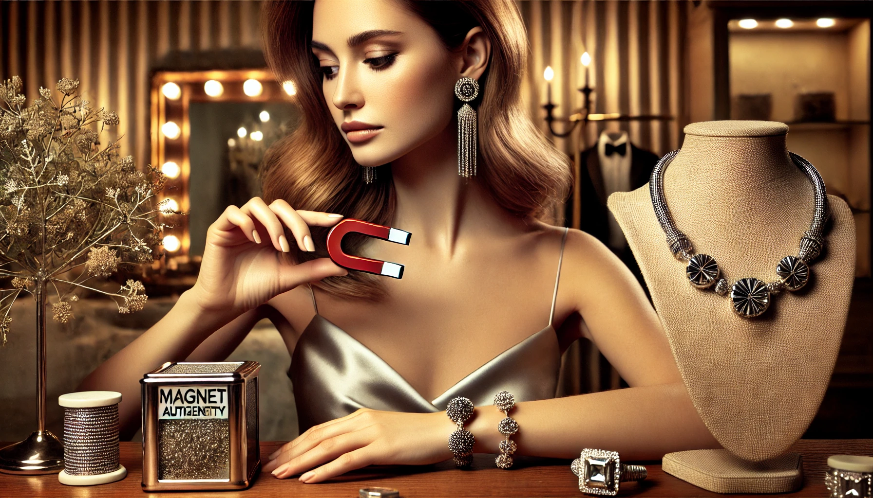 Woman testing authenticity of silver jewellery using magnet test